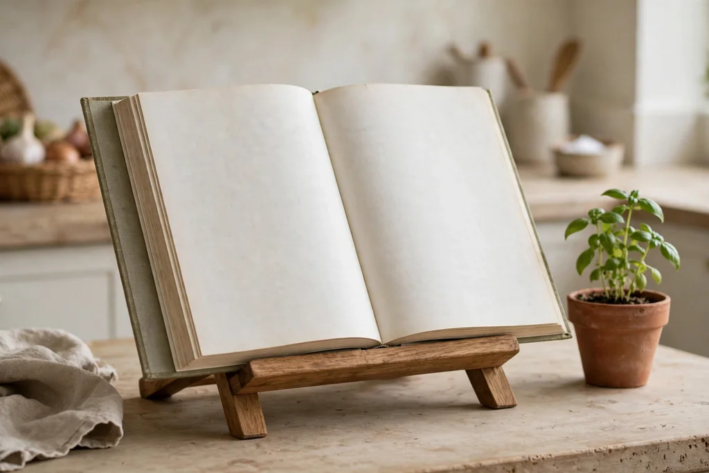 Open cookbook on a wooden stand on a kitchen counter beside a small plant.