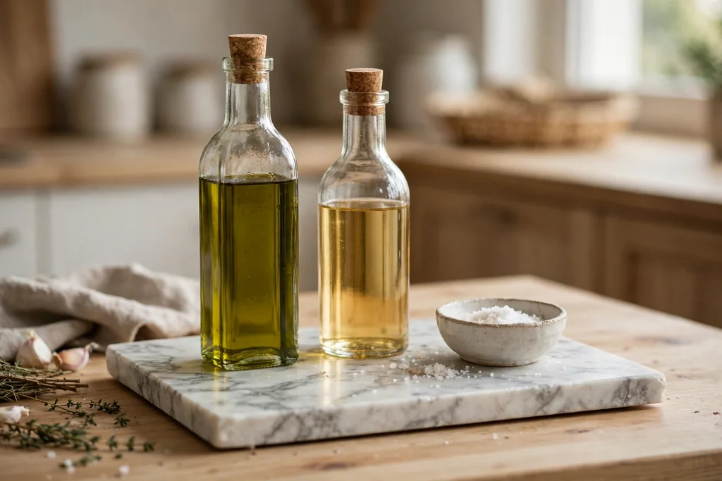 Marble slab on a kitchen counter holding olive oil and vinegar bottles and a salt dish.