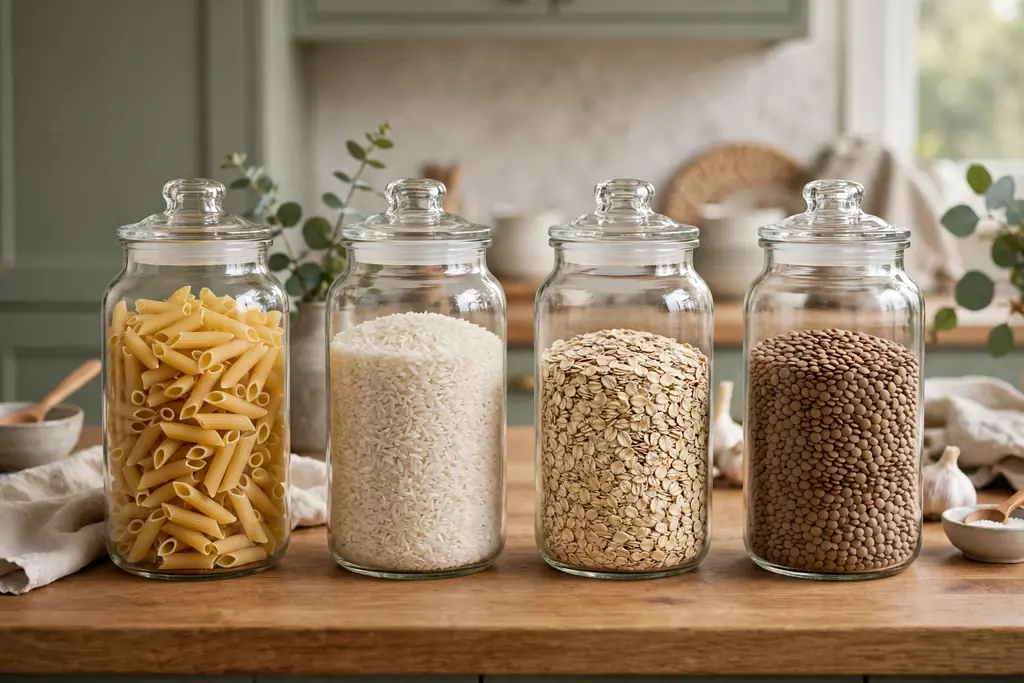 Clear glass jars filled with pasta, rice, oats, and lentils on a kitchen counter.