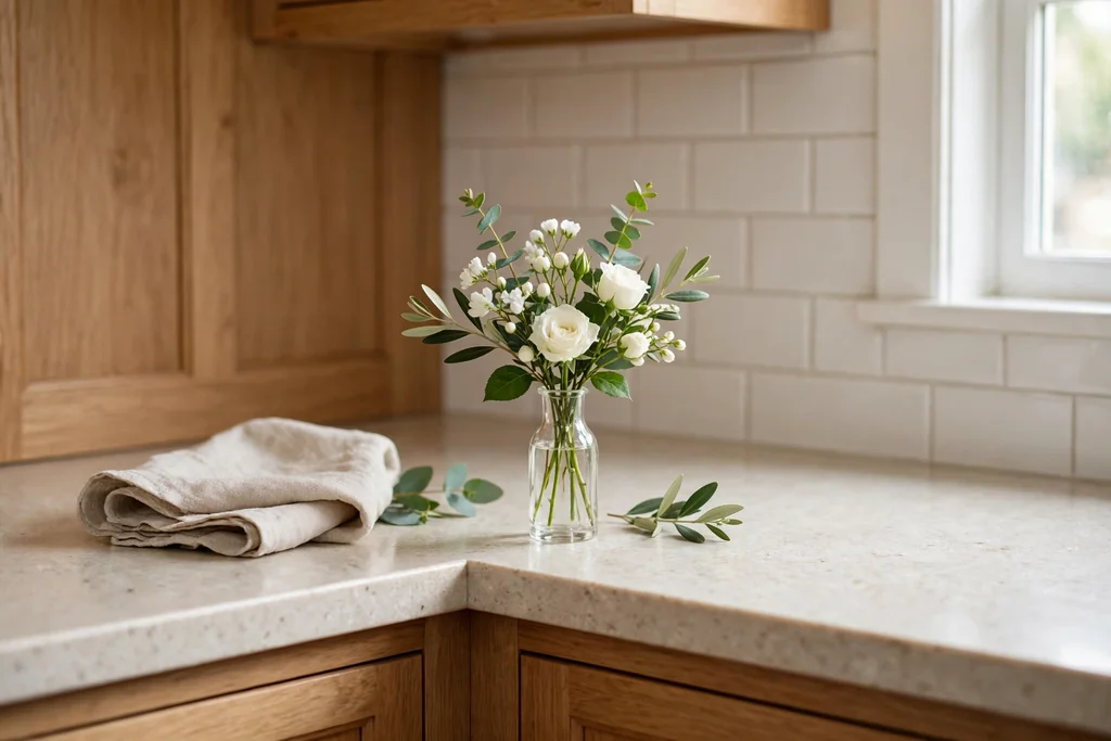 Small glass vase with fresh white and green flowers on a kitchen counter corner.