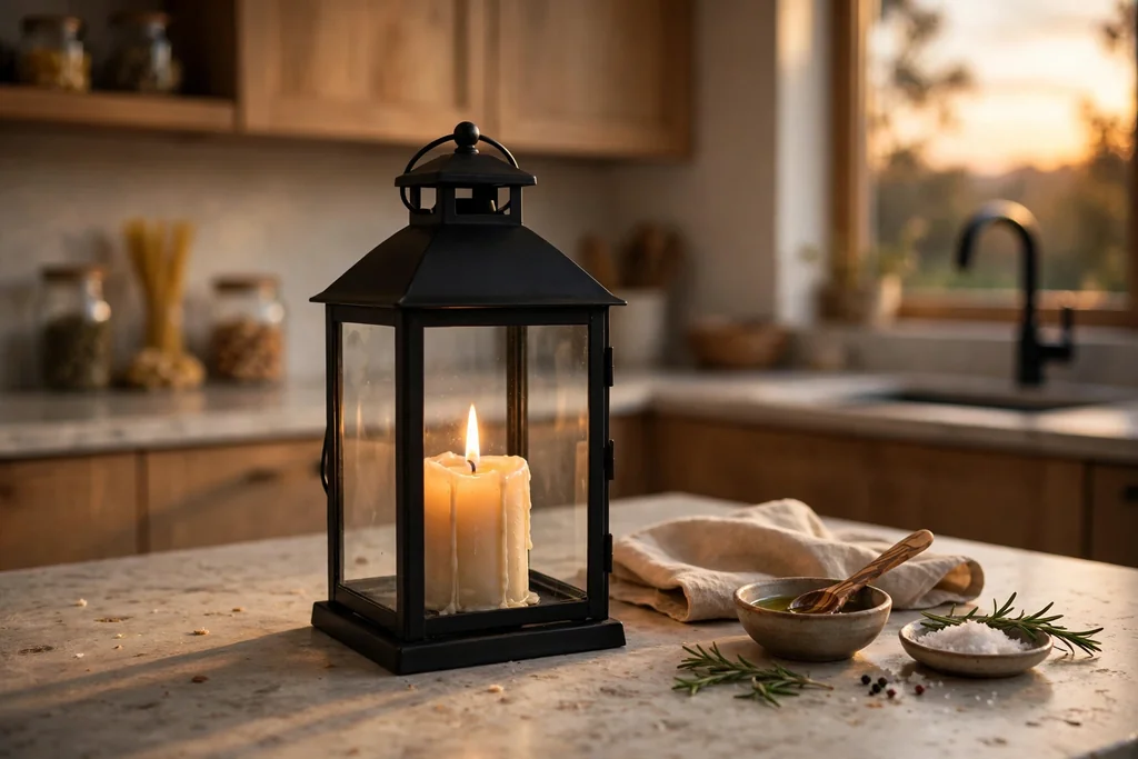 Glass and metal lantern with a lit candle on a kitchen counter in warm evening light.