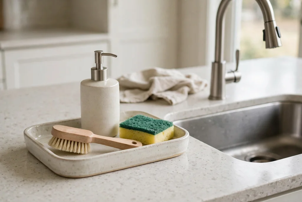Ceramic tray beside a kitchen sink holding a soap dispenser, dish brush, and sponge.