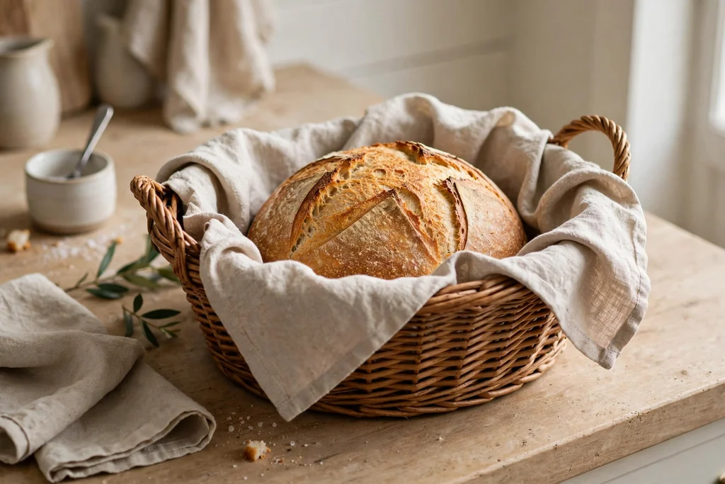 Wicker bread basket lined with a linen cloth holding a loaf of bread on a counter.