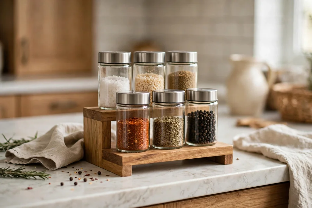 Small wooden riser on a kitchen counter holding matching labeled spice jars.
