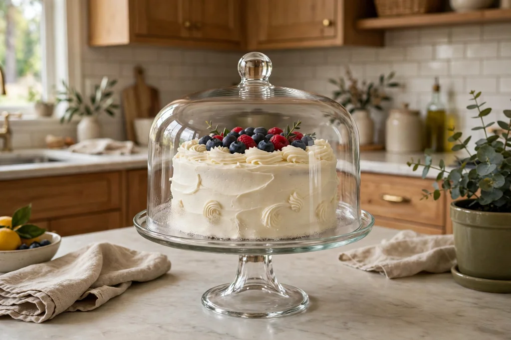 Cake stand on a kitchen counter holding a frosted cake under a glass dome.