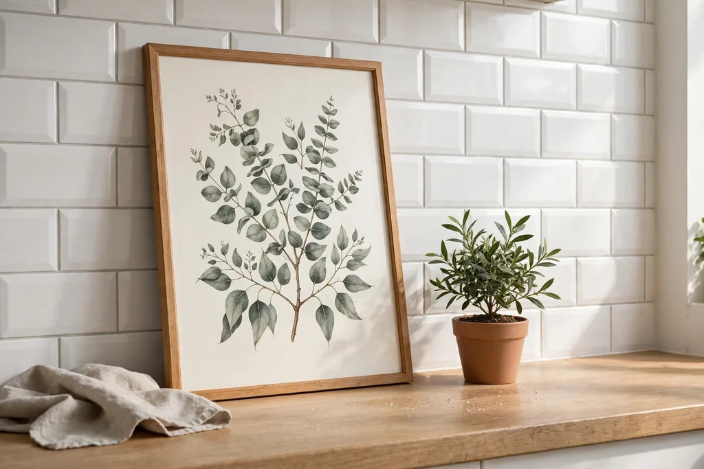 Framed botanical print leaned against a kitchen backsplash beside a small plant.