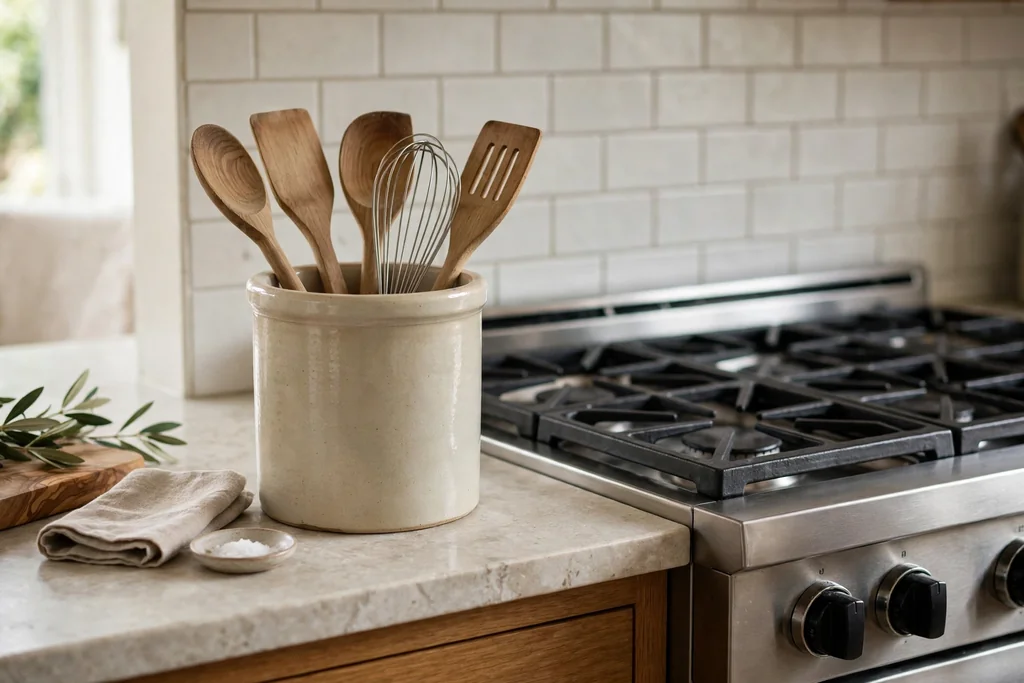Ceramic crock on a kitchen counter holding wooden spoons, spatulas, and a whisk.