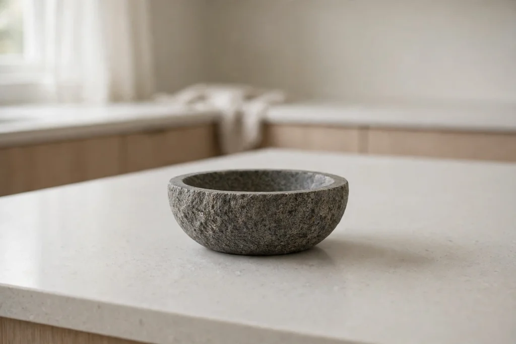 Single stone bowl centered on a clear stretch of kitchen counter with empty space around it.