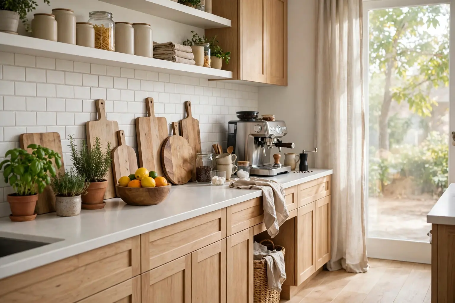 Wide bright kitchen with styled counters, leaning wooden boards, herb pots, and a fruit bowl in soft daylight.