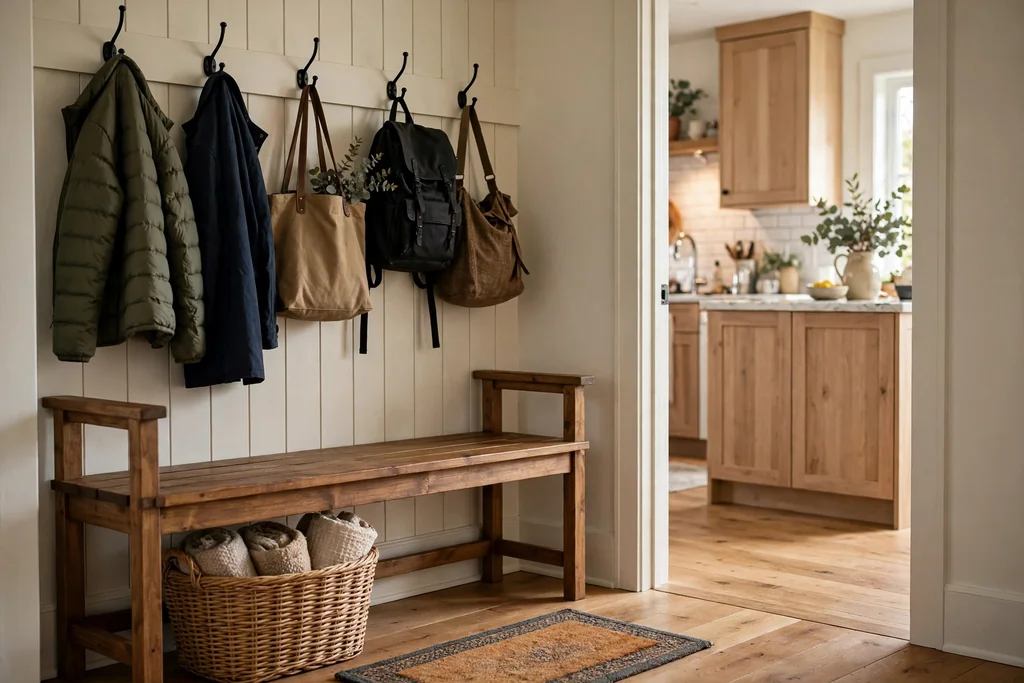 Wooden entryway bench with wall hooks holding coats and bags, and a woven basket underneath.