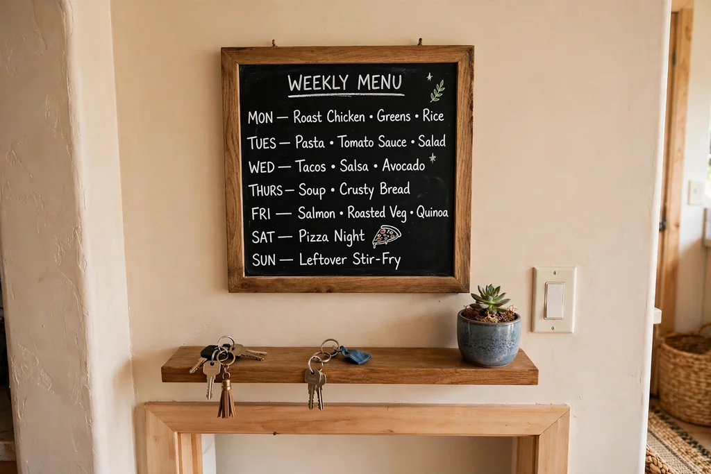 Small chalkboard on a kitchen entry wall with a weekly menu, and a shelf below holding keys and a small plant.