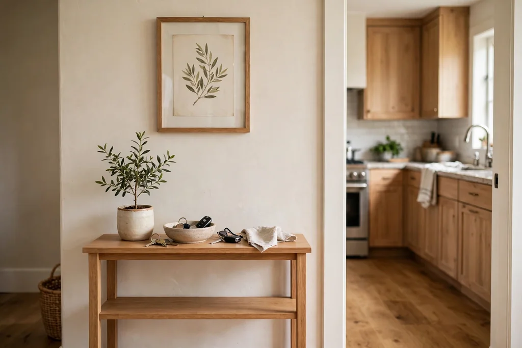 Narrow console table at a kitchen entrance with a small plant, a bowl for keys, and a framed picture above.