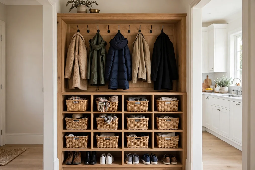 Built-in cubby storage unit at a kitchen doorway, each cubby with a basket, coats on hooks, and shoes below.