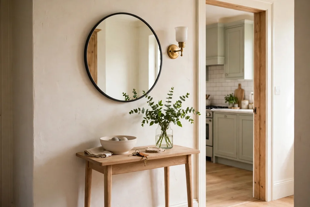 Round mirror above a small entry table at a kitchen doorway, with a wall light beside it and a vase of green stems.