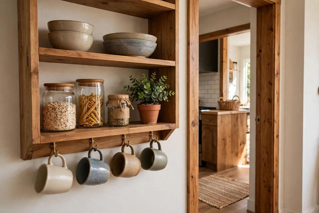 Open wooden shelves near a kitchen entrance holding bowls, jars, and a small plant, with mugs hanging below.