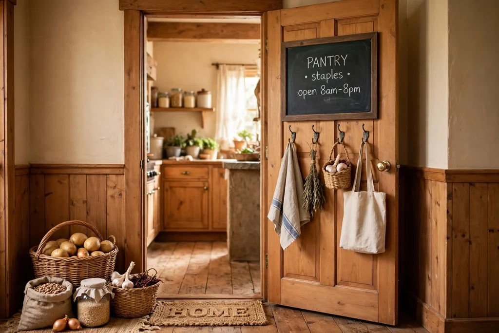 Kitchen entrance with a pantry cupboard door fitted with hooks and a slim rack, with baskets nearby.