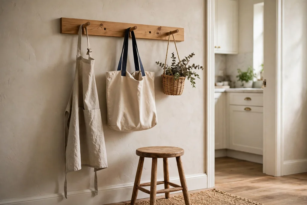 Wooden peg rail on a kitchen entry wall holding aprons, a tote bag, and a small hanging basket.