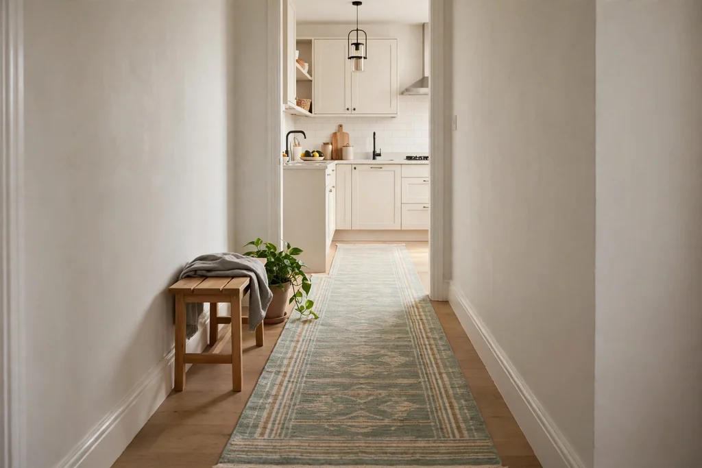Long washable runner rug in a narrow hallway leading into a kitchen, with a small bench and a plant at the side.