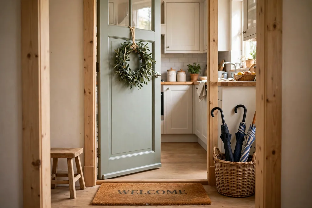 Kitchen doorway with a simple green wreath on the door, a doormat, a basket with umbrellas, and a small stool.