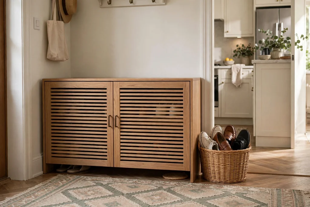 Low shoe storage cabinet with slatted doors at a kitchen entrance, with a basket of shoes beside it.