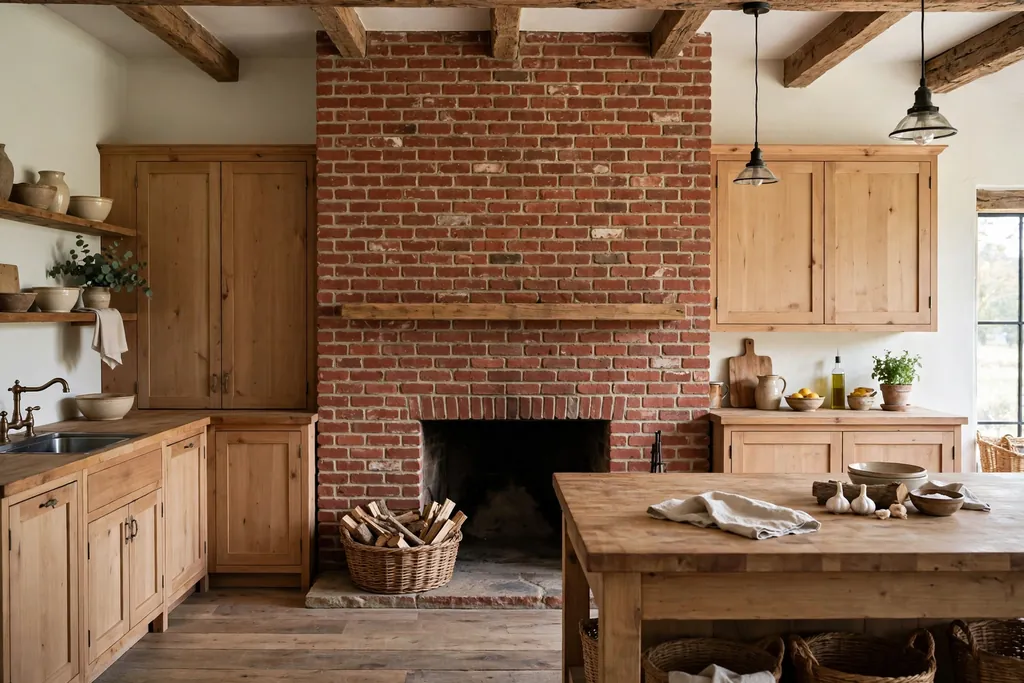 Farmhouse kitchen with a floor to ceiling red brick fireplace, wood mantel, and a basket of kindling on the hearth.
