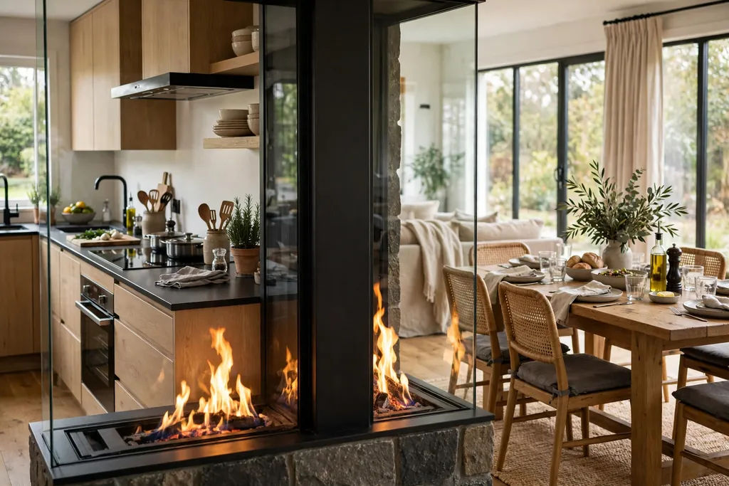 Double-sided fireplace with glass on both sides dividing a kitchen from a dining room, flames visible from both sides.