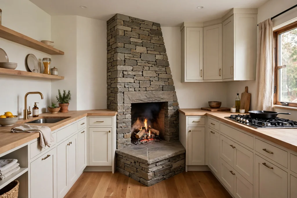 L-shaped kitchen with a fireplace angled into the corner and a triangular stone hearth.