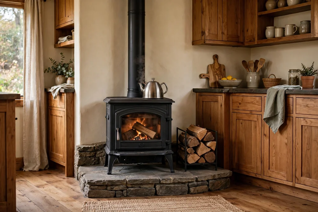 Freestanding black wood burning stove on a stone hearth pad in a kitchen corner, with a kettle on top and a log rack beside it.