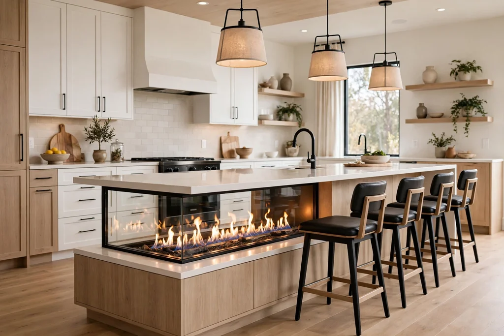 Kitchen island with a long linear gas fireplace built into the seating side and bar stools pulled up beside it.