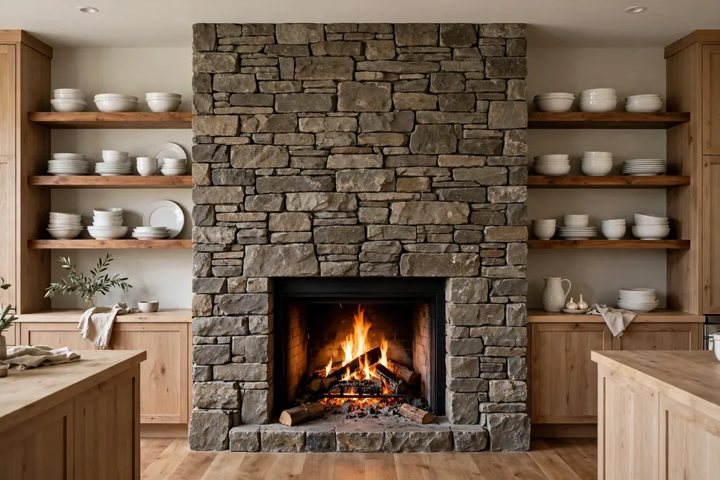 Stone fireplace wall with open wood shelves on both sides holding white dishes and bowls.
