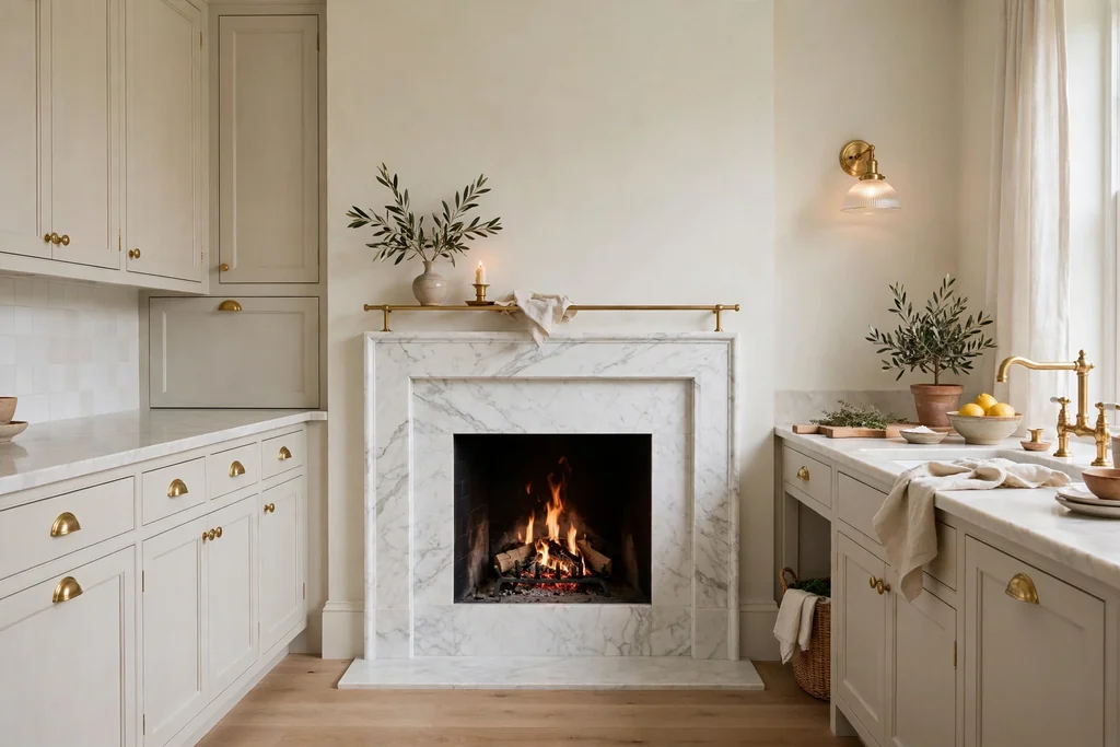 Pale kitchen with a white marble fireplace surround, thin mantel shelf, and brass fittings.