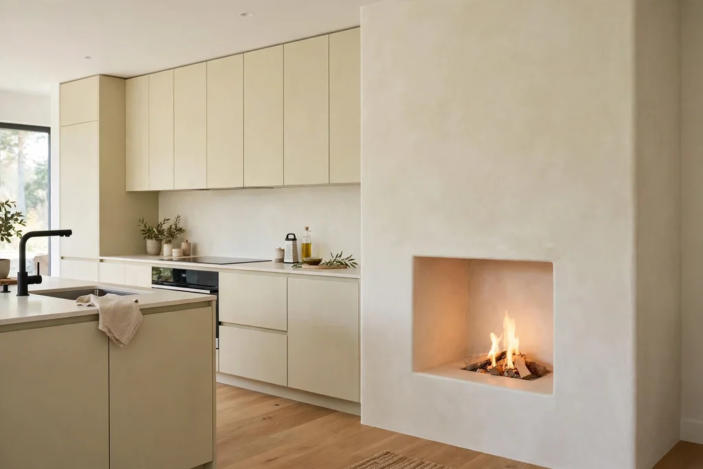 Light modern kitchen with a smooth limewashed plaster fireplace in warm white and no mantel.