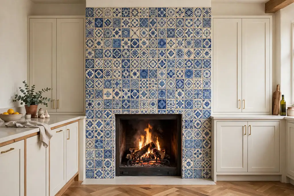 Kitchen fireplace surround covered in handmade patterned tiles in blue and cream.