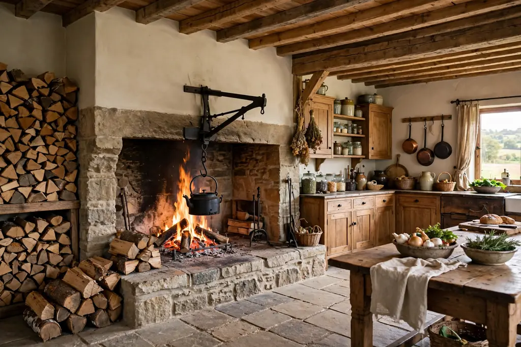 Wide open cooking hearth fireplace with an iron crane holding a black kettle over flames and a wood store beside it.