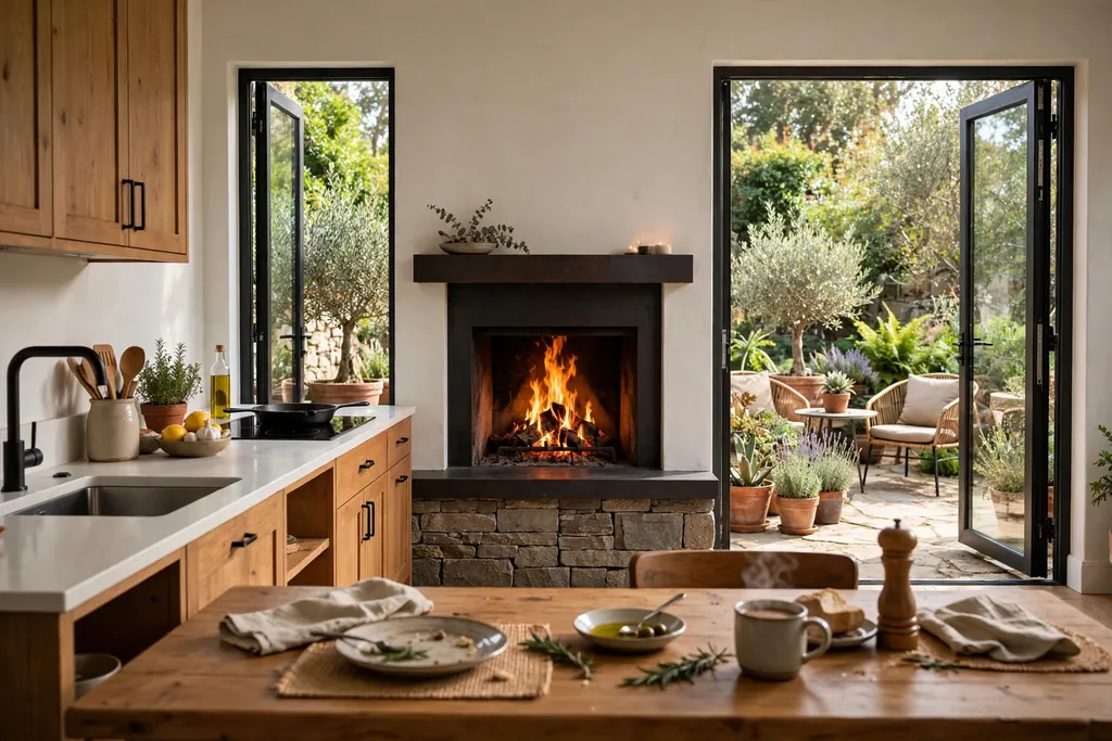 Kitchen fireplace with glass doors opening toward a patio with chairs and plants, fire visible from the kitchen table.