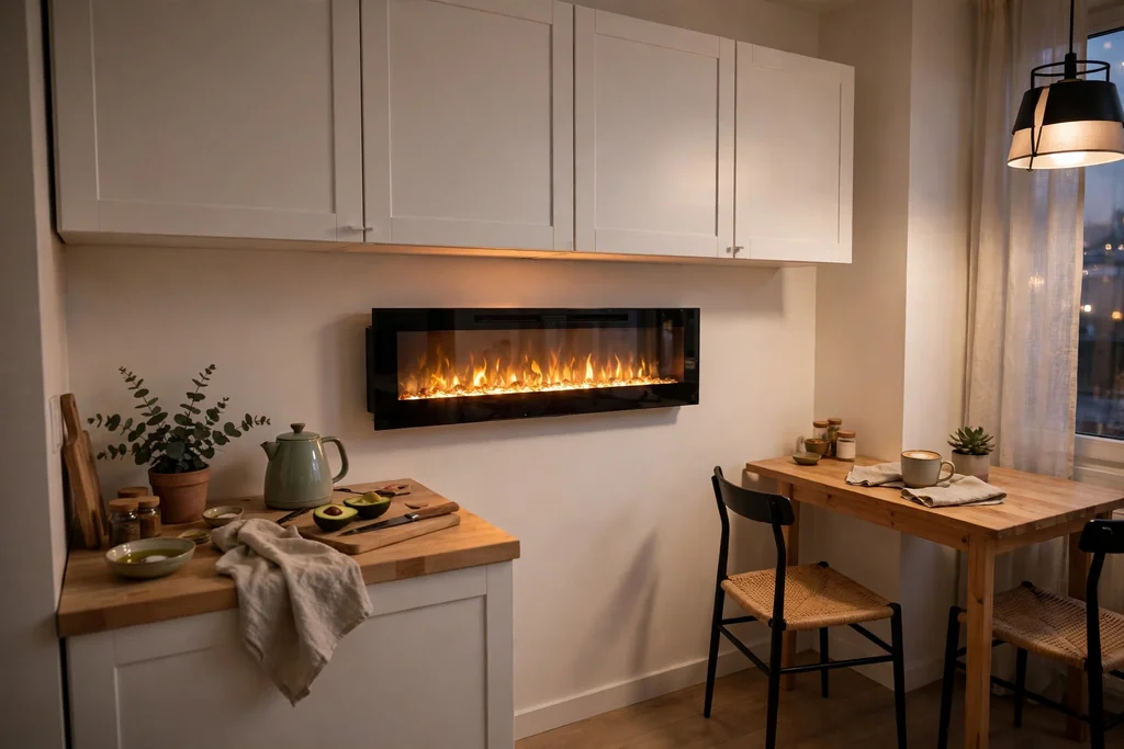 Small kitchen with a slim wall mounted electric fireplace under white wall cabinets.