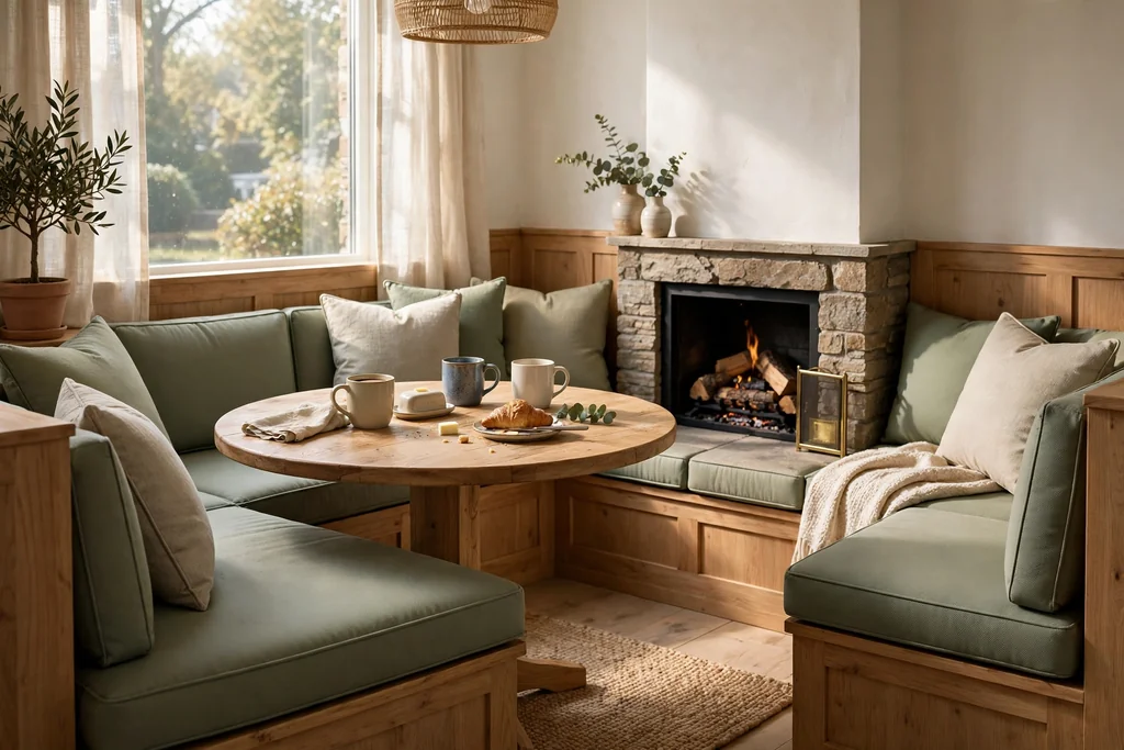 Breakfast nook with bench banquette seating wrapped around a small fireplace and a round table with mugs.