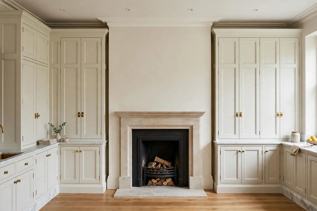 Fireplace wall flanked by tall floor to ceiling pantry cabinets on both sides in a symmetrical layout.
