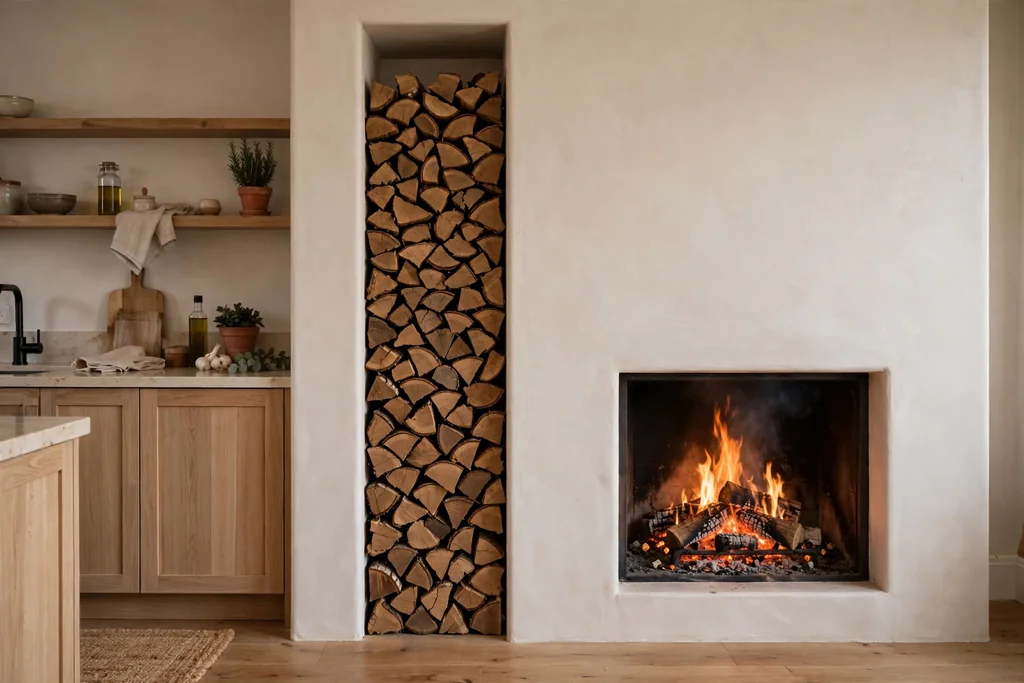 Kitchen fireplace with a tall open log storage niche beside the firebox, split logs stacked in neat rows.