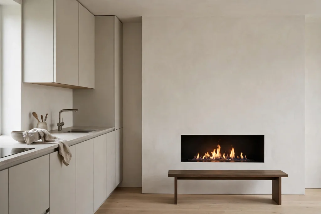Minimal kitchen with a flush fireplace set level into a plain plaster wall, no mantel, and a low bench in front.
