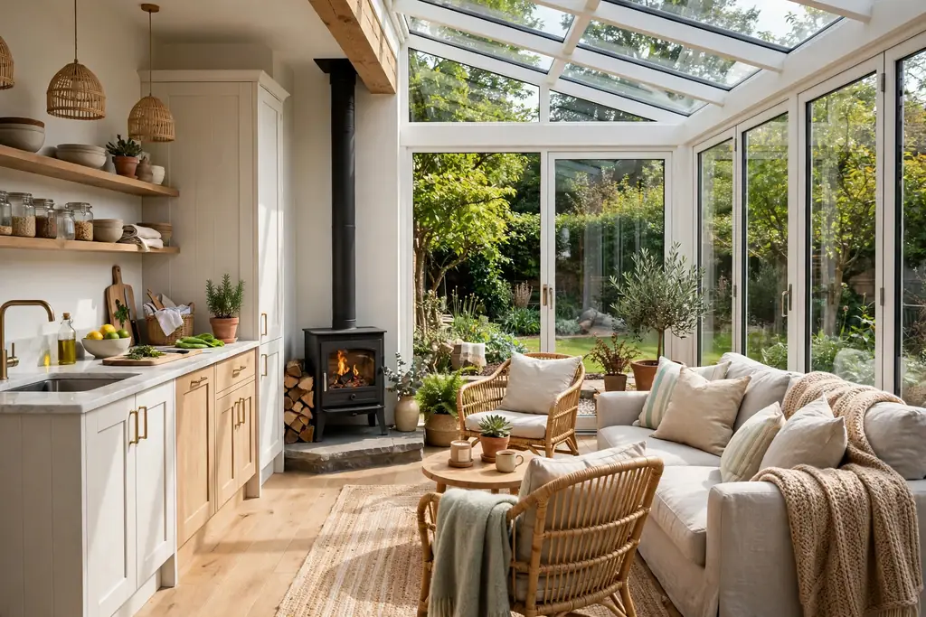 Bright kitchen conservatory with glass walls and a small wood stove fireplace against the solid house wall.