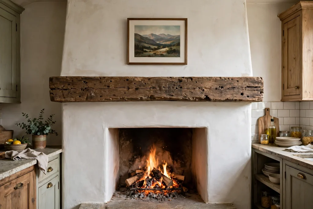 Kitchen fireplace with a thick reclaimed wood beam mantel and one framed art print above it.