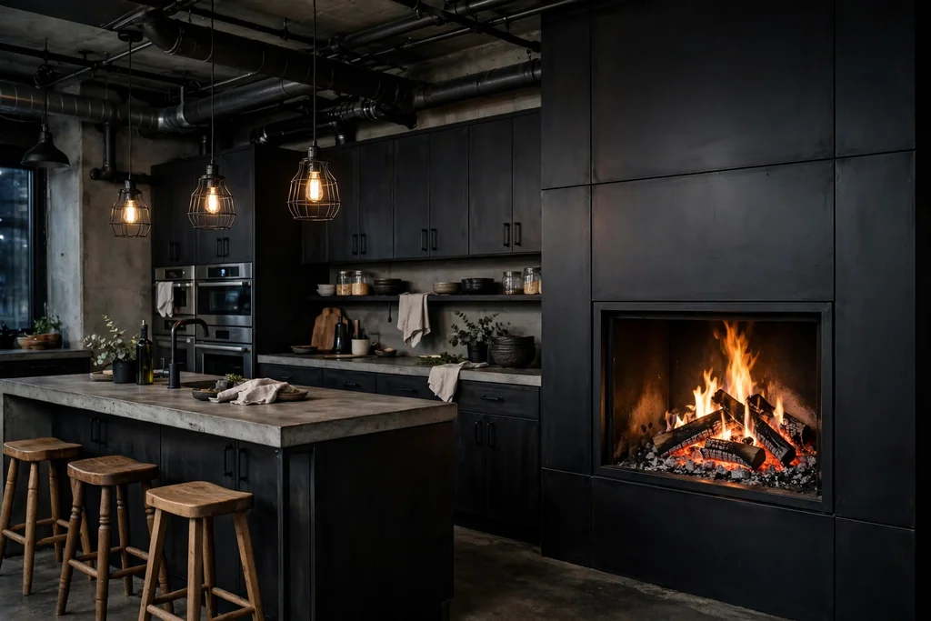 Industrial kitchen with a matte black steel fireplace surround, dark cabinets, and wood stools.