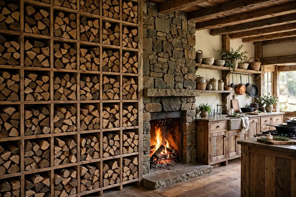 Rustic kitchen with a floor to ceiling firewood display wall of stacked logs in open cubbies beside a stone fireplace.