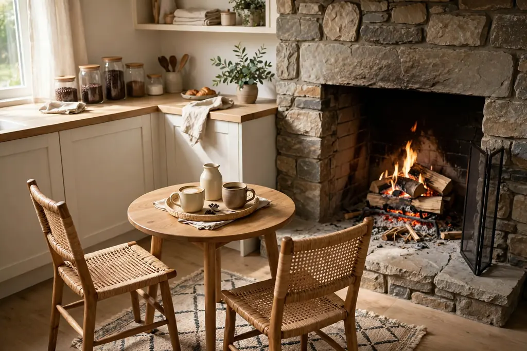 Kitchen coffee corner beside a fireplace with a small table, two chairs, and a tray of mugs and coffee jars.