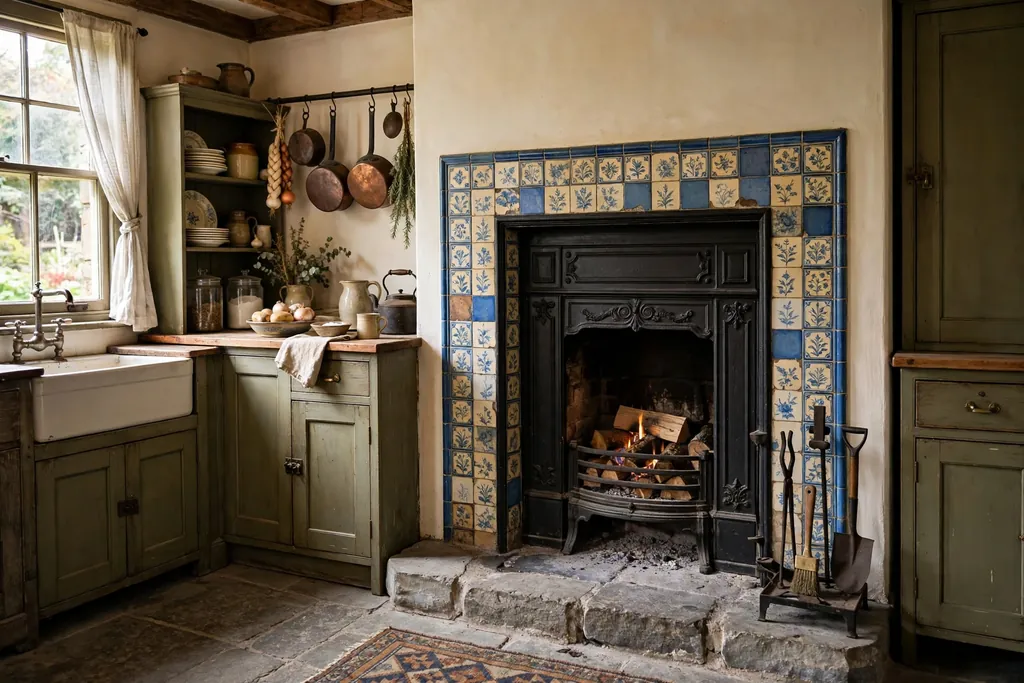 Period kitchen with a restored black cast-iron fireplace insert, original tiles, and a stone hearth.
