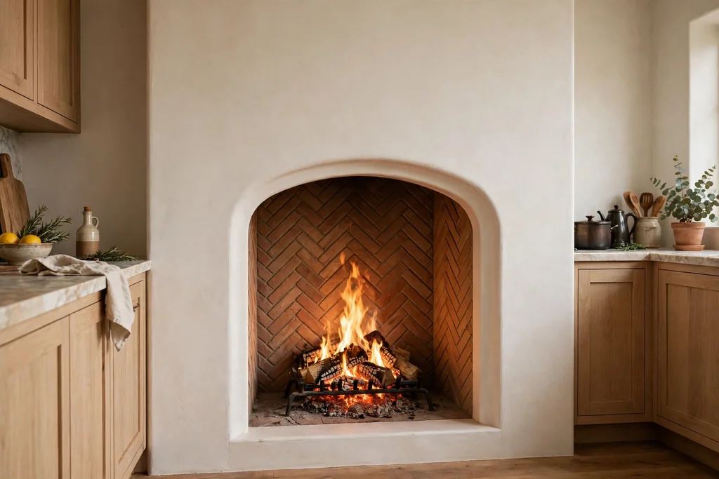 Kitchen fireplace with a soft arched opening and herringbone brick laid inside the firebox.