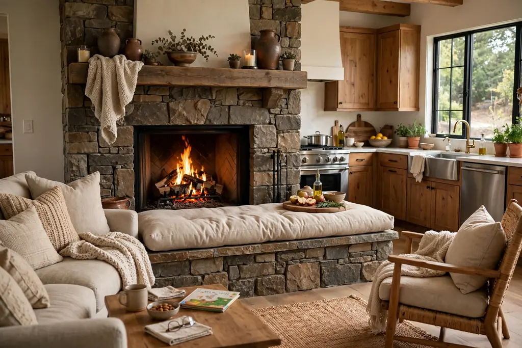 Kitchen fireplace with a low stone hearth bench across the front fitted with a thick cushion pad.