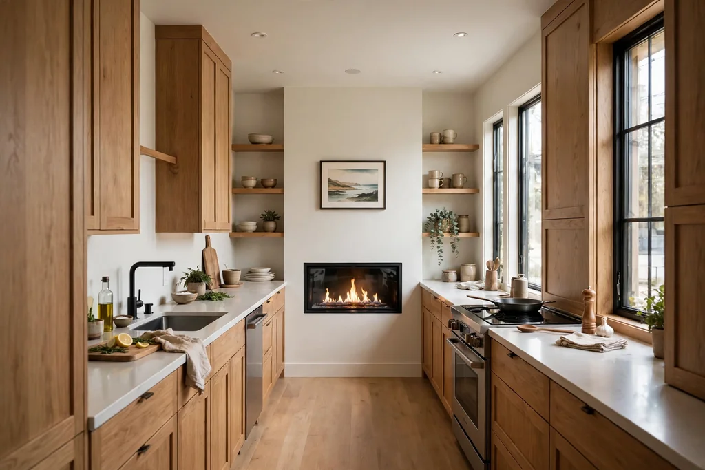 Long narrow galley kitchen with a slim fireplace on the end wall and shallow shelves beside it.