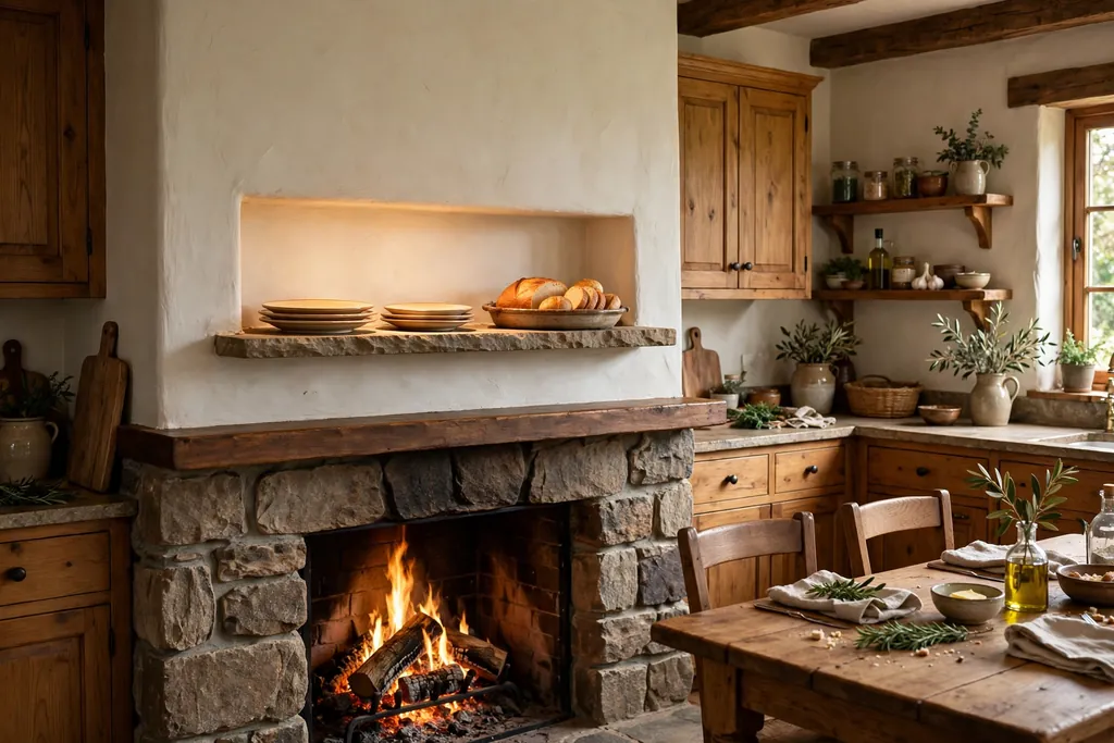 Kitchen fireplace with a shallow stone warming shelf above the mantel holding warm plates and a bread dish.